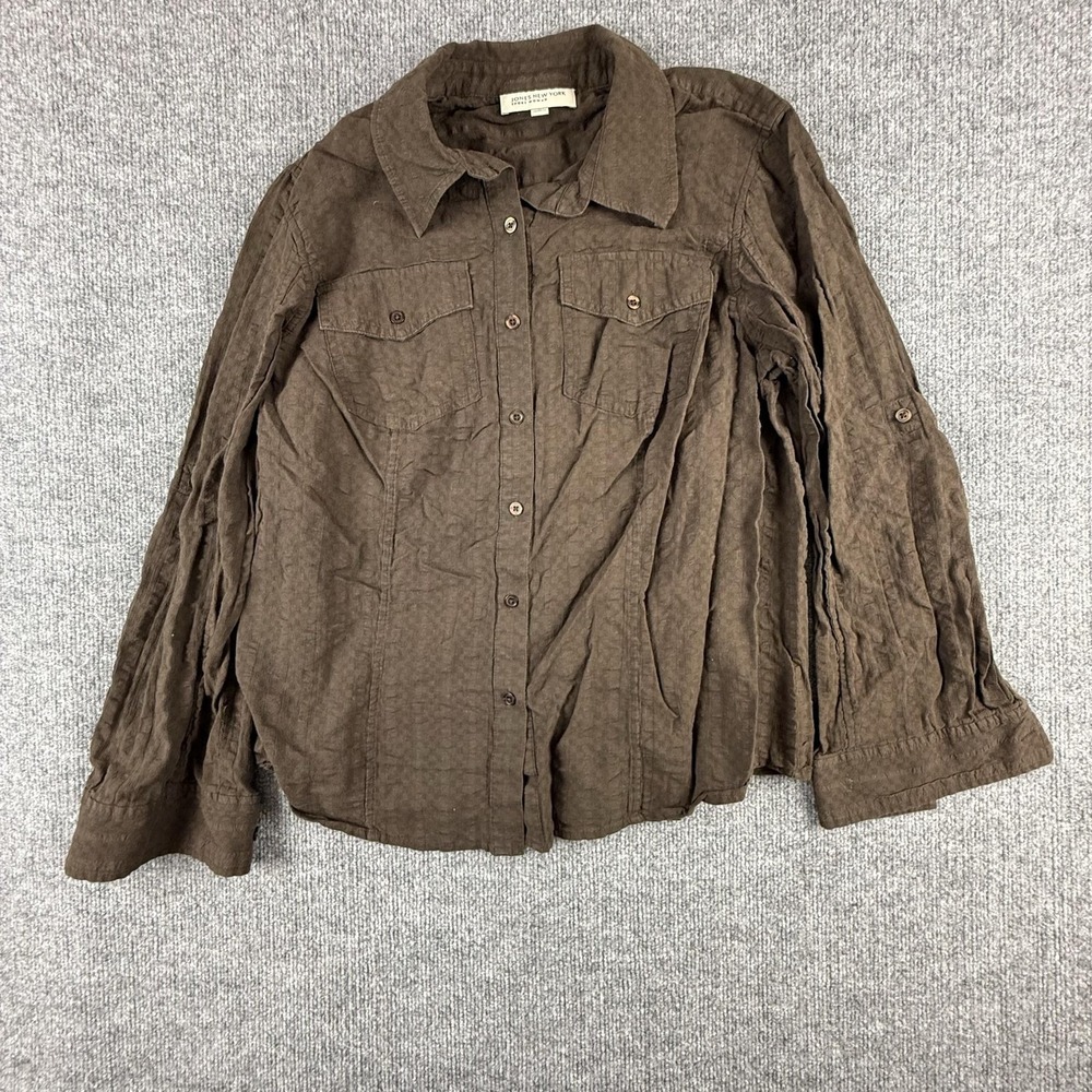 Jones‎ New York Shirt Womens 1X Brown Textured Button Front Roll Tab Sleeve Top